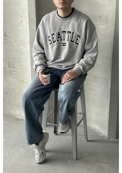 Erkek Seattle Baskılı Oversize Sweatshirt Gri