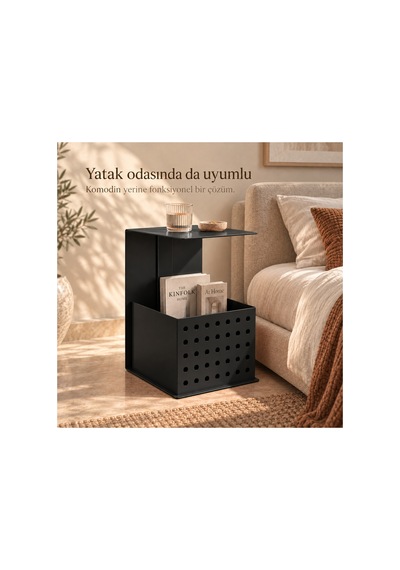 Frame Metal Yan Sehpa Modern Tasarım Depolama Hazneli Yan Sehpa Siyah - 935176377 Siyah