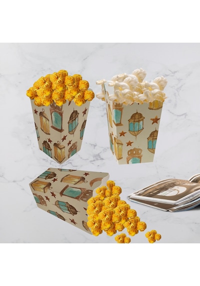 12li Ramazan Temalı Patlamış Mısır, Şeker Kutusu, Hediye Popcorn, İkram Kutusu, 6x6x11 Cm, Krem Renk Krem