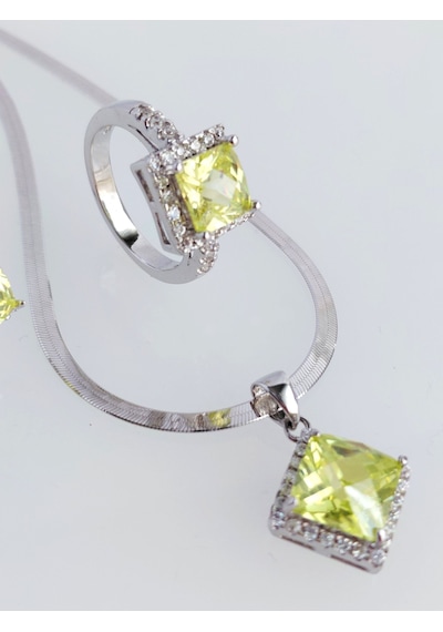 925 Ayar Gümüş Zebercet Peridot Doğal Taşlı Baget Tasarım Kadın Mücevher Set Kolye Küpe Yüzük S.255