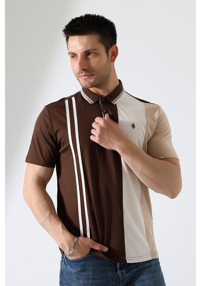 Rıbana Classıc Erkek Çizgili Şerit Detaylı Pamuklu Polo Yaka T-shirt Kahverengi
