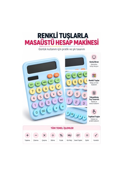 Lcd Ekran Hesap Makinesi 12 Haneli Hesap Makinesi Pastel Mavi