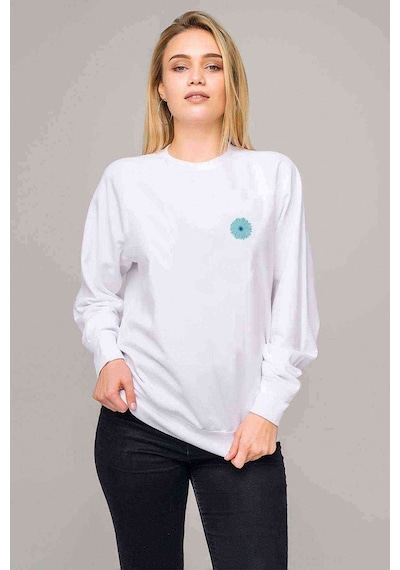 Flower Aqua Bebek Duşu Mavi Gerbera Baskılı Beyaz Kadın Sweatshi