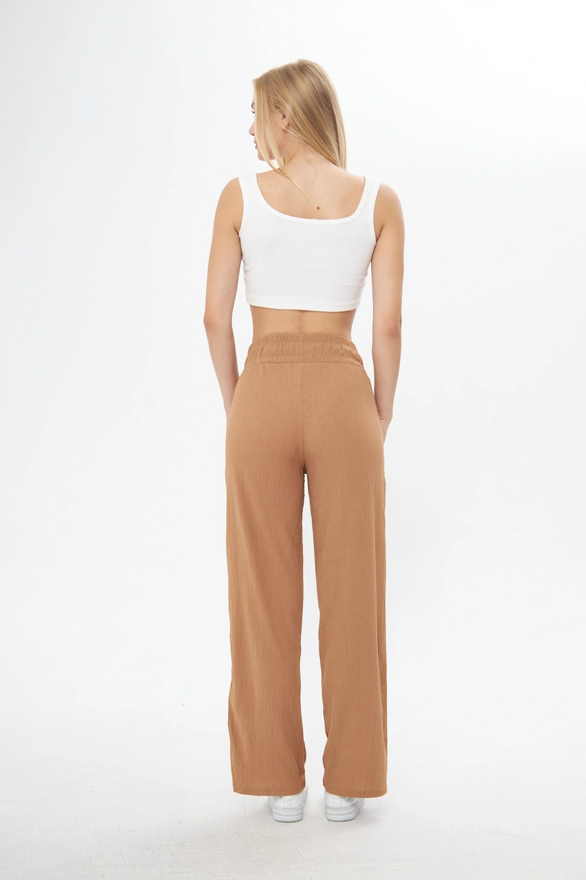 Kahverengi Beli Lastikli Bol Paça Çift Cepli Yüksek Bel Bürümcük Örme Kadın Pantolon Camel
