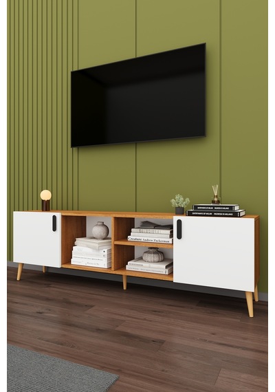 Asra Trend Tv Ünitesi T-11 %100 MDF 180 cm Tv Sehpası Dolaplı Raflı Beyaz-Petra