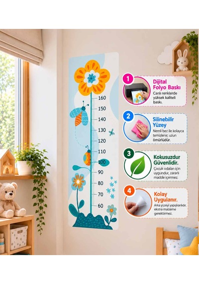 Çocuk Odası Boy Ölçer Duvar Stickerı Dijital Folyo Baskı, Dekoratif Boymetre