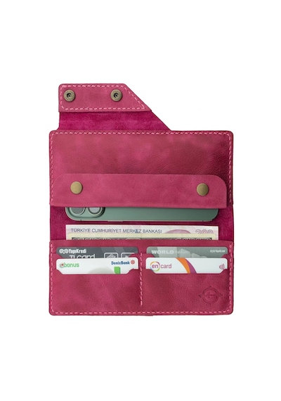 Twingold İsme Özel Dikey Çıtçıtlı Uzun Cüzdan - %100 Rainbow Deri - A010006 - Fuşya Fuşya