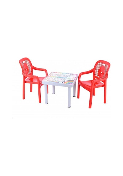 Sağlam Plastik Mandella Rubi Türkçe Desenli Çocuk Masası 2 Adet Rubi Çocuk Koltuk Kırmızı