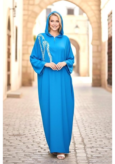 Veraura Lifestyle Mavi Kapüşonlu Nakışlı Cepli Oversize Uzun Elbise