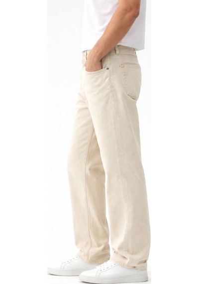 Erkek Yıkamalı Krem Baggy Jean Pantolon Günlük Rahat Kesim Krem