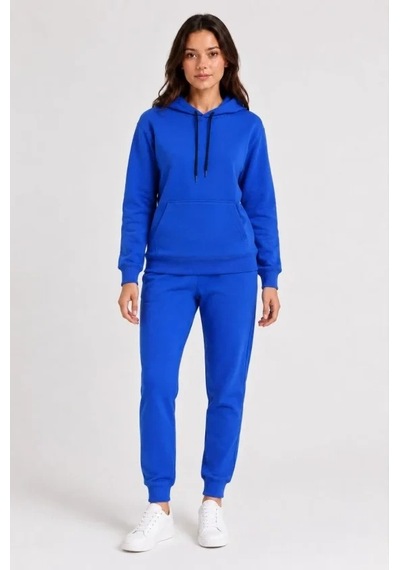 DefyModa İki İplik Kapüşonlu Kanguru Cepli Jogger Alt Üst Eşofman Takımı - Saks Mavisi