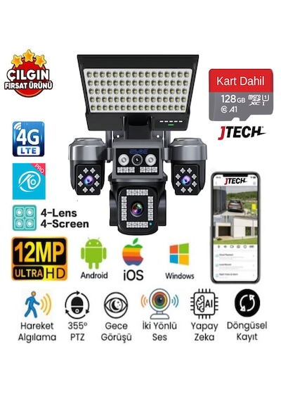 O-kam Ok-334 Premium 4g 12mp 4g Sim Kartlı Solar Panelli Projektör Lambalı 4lens 1ptz Akıllı Kamera + 128gb Sd Kart