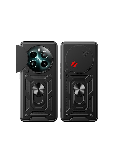 Realme 12 Plus Kılıf Sürgülü Kamera Koruyucu Manyetik Standlı Tank Koruma Pazarplus Siyah