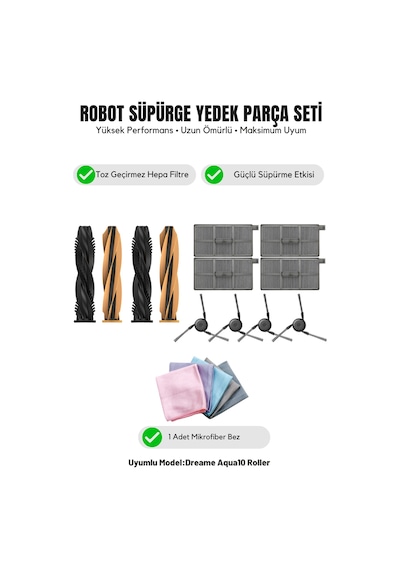 Dreame Aqua10 Roller İle Uyumlu 2 Ana Fırça 4 Yan Fırça 4 Filtre 1 Temizlik Bezi 12.0