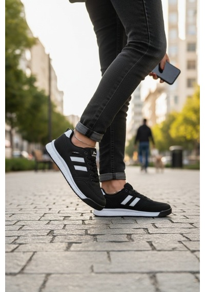 Enoch Erkek Yan Çizgili Yüksek Tabanlı Rahat Yürüyüş Ve Koşu Ayakkabısı Sneaker Siyah