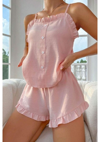 Bella Notte Toz Pembe Süs Düğmeli Fırfırlı Şortlu Pijama Takımı