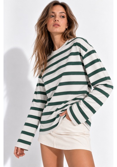 Wild Bee Kadın Yeşil Beyaz Çizgili Pamuklu Bisiklet Yaka Oversize Bluz YEŞİL