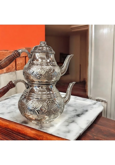 Bakır Çaydanlık & Bakır Demlik Çiçek Desenli Bakır Çaydanlık Büy Gümüş