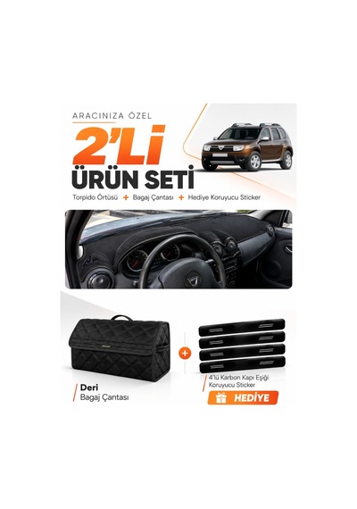 Dacia Duster 1.nesil Makyajsız 2009-2013 Uyumlu Torpido Örtüsü + Deri Bagaj Çantası Seti - Siyah