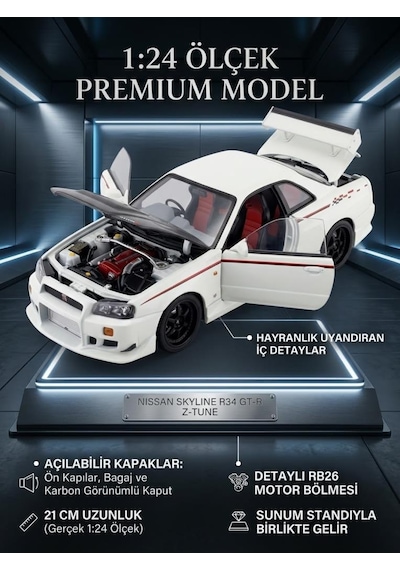 TıfılToys Hobbiez Lisanslı Nissan Skyline Gt-r Model Diecast Car 1/24 Ölçek Metal Standlı Araç Çok Renkli