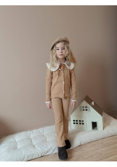 Miniko Kids Kız Çocuk Yaka Dantelli Fitilli Kaşkorse Bayramlık Taytlı Takım Bej