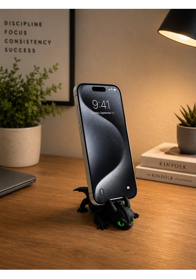 3d Baskı Dişsiz Ejderha Telefon Standı Dekoratif Telefon Tutucu Siyah