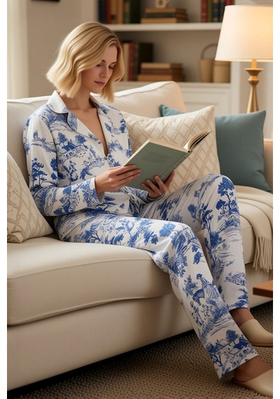 Benerly Kadın Gömlek Yaka Tek Kol Uzun Kollu Regular Kalıp Dokuma Pijama mavi