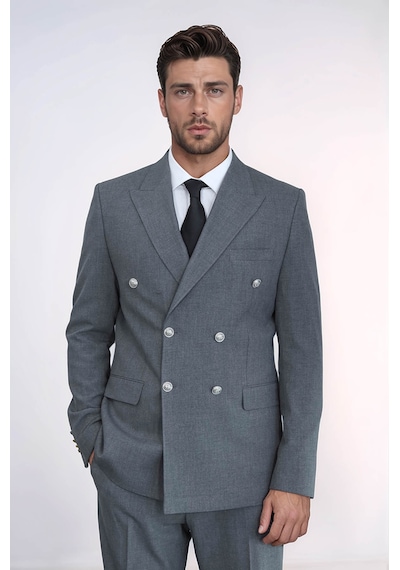 Gümüş Renk Metal Düğmeli Slim Fit Kruvaze Antrasit Erkek Takım Elbise Wessi Gri