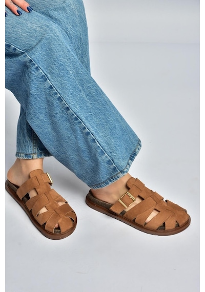 Fox Shoes Y596549502 Taba Süet Tokalı Önü Kapalı Kadın Terlik