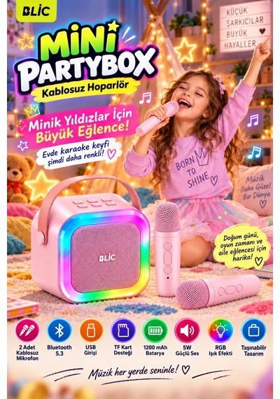 Blic Bls-97 Pembe Partybox Çift Kablosuz Mikrofonlu Rgb Led Işıklı Taşınabilir Bluetooth Hoparlör