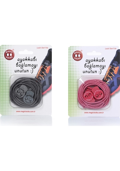 Magic Locks Yuvarlak Akıllı Ayakkabı Bağcık 2'li Set Gri-pembe