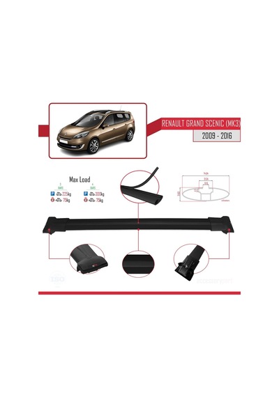 Renault Grand Scenic Mk3 2009-2016 Arası İle Uyumlu Fly Model Ara Atkı Tavan Barı Siyah 3 Adet Bar