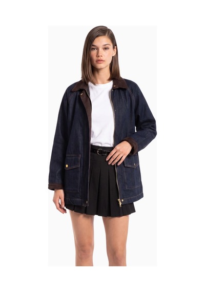 CEMO Kadın Denim Ceket Kadife Yaka Detaylı Fermuarlı Cepli Lacivert