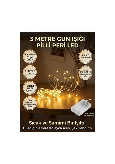3 Metre Gün Işığı Pilli Peri Led Işık - Dekoratif Bakır Tel Led Aydınlatma Sıcak Sarı