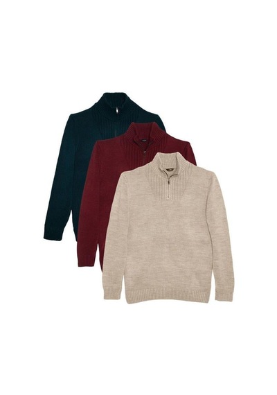Tudors Erkek 3'lü Paket Zümrüt Yeşili-bordo-yeşil Slim Fit Dar Kesim Fermuarlı Dik Yaka Triko Kazak-41827 Çok Renkli