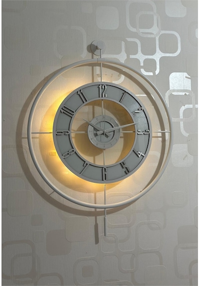 Pey Aksesuar Metal Camlı Duvar Saati 60x80 Cm Büyük Boy Işıklı Gerçek Cam Beyaz-şeffaf-beyaz-gümüş M61-beyaz-şeffaf-beyaz-gümüş