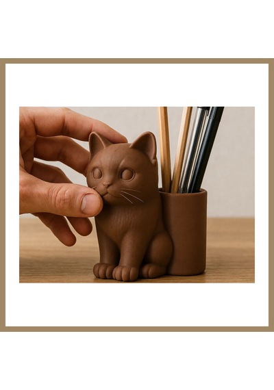 Bezos 3d Baskı Kedi Figürlü Kalemlik - Masaüstü Organizer - Kahverengi 22