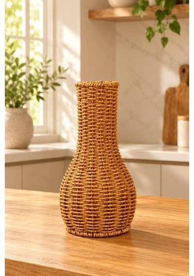 Atbyhome Doğal Hasır Rattan Çiçek Vazosu 27 Cm - Masa Üstü Dekoratif Bohem El Örgüsü Kuru Çiçeklik Vazo Kahverengi
