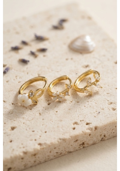 3 Lü Set Çiçek Model Gold Renk Kadın Küpe Renkli