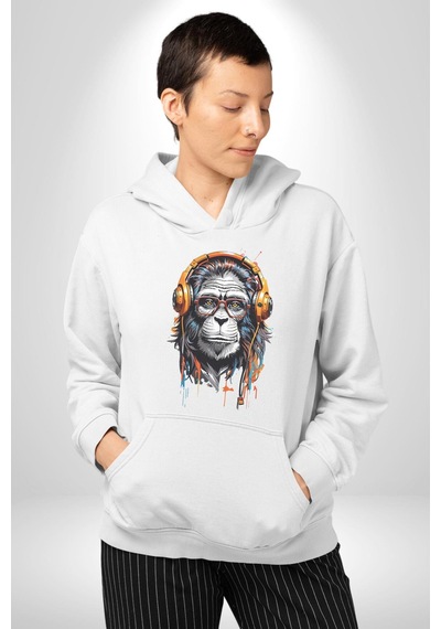 Kulaklık Maymun Müzik Dinliyor Kadın Erkek Beyaz Kapüşonlu Sweatshirt Hoodie Beyaz