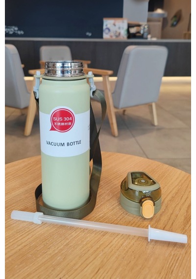 304 L Çelik Yeşil 800 Ml Askılı Ve Pipetli Matara Suluk Cin411ys