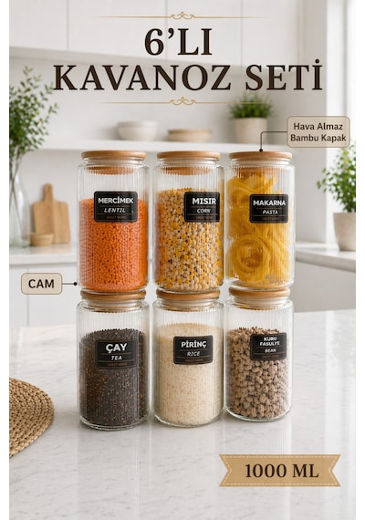 6 Lı Etiketli Cam Kavanoz Seti Bambu Vakum Kapaklı Çizgili Erzak Bakliyat Saklama Kabı 1000 Ml Şeffaf