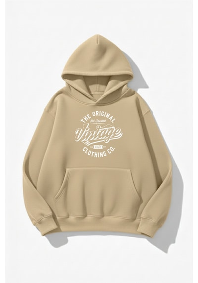 Uyguntarz Unisex Yumuşak Dokulu Vintage Baskılı Tasarım Oversize 3 İplik Hoodie Sweatshirt Bej