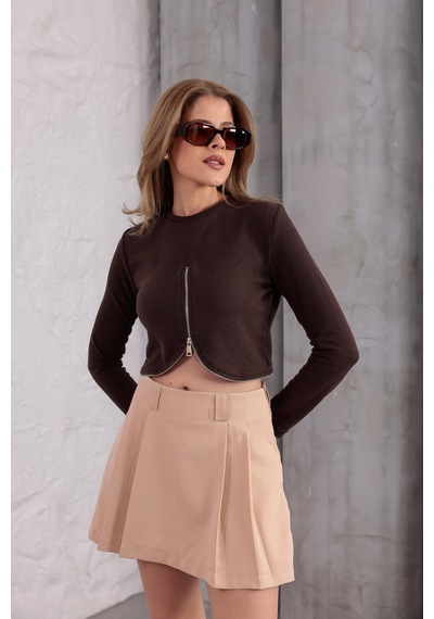 Ckm Moda Mira Selanik Oval Fermuar Bluz Kahve