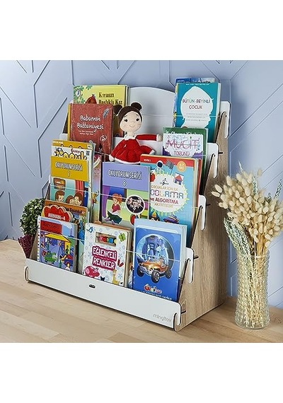Lucky Montessori Ahşap Çocuk Odası 4 Raflı Kitaplık Meşe - Beyaz Abanoz - Beyaz