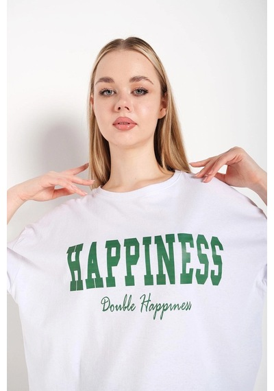 Startmore Kadın Beyaz Happıness Baskılı Oversize Tshirt Beyaz