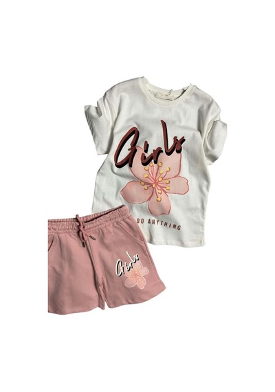 Riccotarz Kız Çocuk Üzeri Girl Yazı Ve Lale Detaylı T-shirt Pudra Şortlu Takım