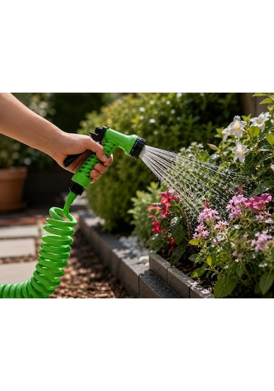 Orret Home 10 Metre Spiral Bahçe Sulama Hortumu Seti, 7 Fonksiyonlu Sprey Tabancalı Uzayabilir Kompakt Hortum,pratik B