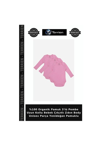 Terrien %100 Organik Pamuk 3'lü Pembe Uzun Kollu Bebek Çıtçıtlı Zıbın Body Unisex Parça Yenidoğan Pamuklu