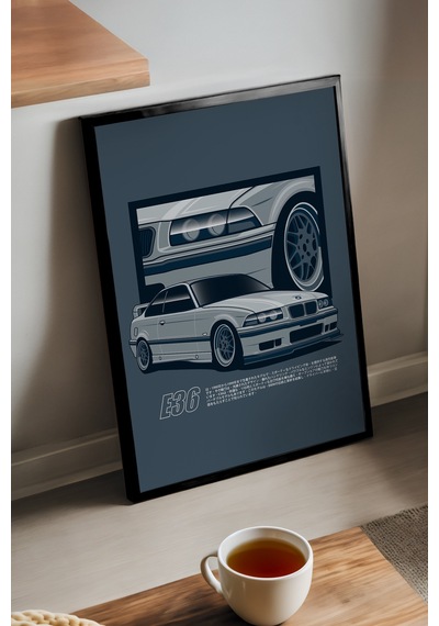 Bmw E36 Siyah Ahşap Çerçeveli Poster, Dekoratif Araba Duvar Tablosu